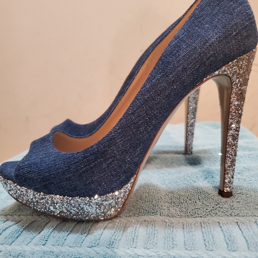 Miu Miu denim sparkle heel pump